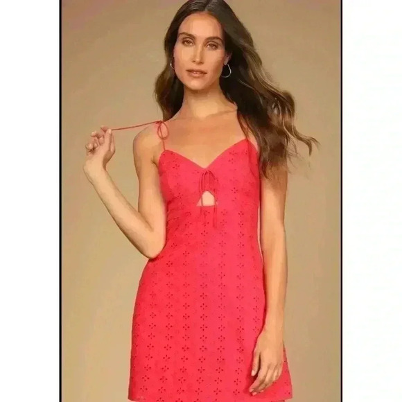 Lulus Summer Red Eyelet Lace Mini Dress Keyhole Adjustable Straps L - Picture 1 of 6